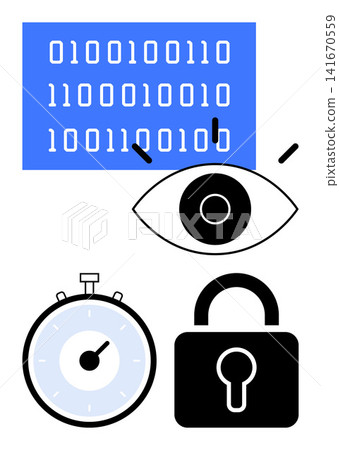Data security, privacy protection, online safety, encryption, cybersecurity, digital monitoring. An eye observes binary code with a stopwatch and a lock icon. Data security and privacy protection 141670559