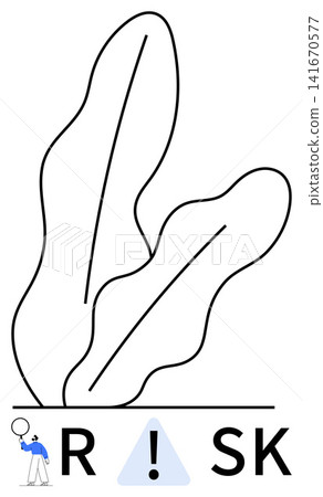 Risk management, danger, uncertainty, decision-making, evaluation, preventive strategies. Abstract shapes with text RISK and person holding magnifying glass. Risk management and danger concept Risk management, danger, uncertainty, decision-making, evaluation, preventive strategies. Abstract shapes with text RISK and person holding magnifying glass. Risk management and danger concept 141670577