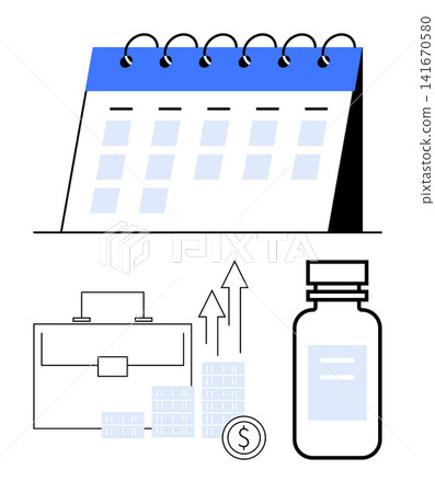 Financial planning, business goals, healthcare, investment strategies, scheduling, economic growth. A calendar, briefcase stacks of coins with upward arrows and a medicine bottle. Financial Financial planning, business goals, healthcare, investment strategies, scheduling, economic growth. A calendar, briefcase stacks of coins with upward arrows and a medicine bottle. Financial 141670580