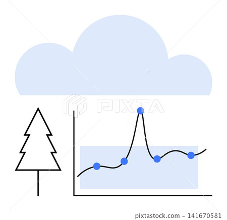 Data analysis, environmental monitoring, cloud storage, sustainability, forestry data, analytics. A graph with data points below a cloud and beside a tree. Cloud storage and environmental monitoring 141670581