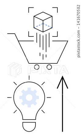E-commerce, innovation, product development, creativity, business growth, online shopping. Abstract shopping cart with a cube, gear inside a light bulb upward arrow. E-commerce and innovation E-commerce, innovation, product development, creativity, business growth, online shopping. Abstract shopping cart with a cube, gear inside a light bulb upward arrow. E-commerce and innovation 141670582