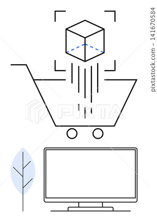 E-commerce, 3D printing, technology, innovation, online shopping, digital transformation. Shopping cart with 3D object, monitor and technology symbols. E-commerce and 3D printing illustration E-commerce, 3D printing, technology, innovation, online shopping, digital transformation. Shopping cart with 3D object, monitor and technology symbols. E-commerce and 3D printing illustration 141670584