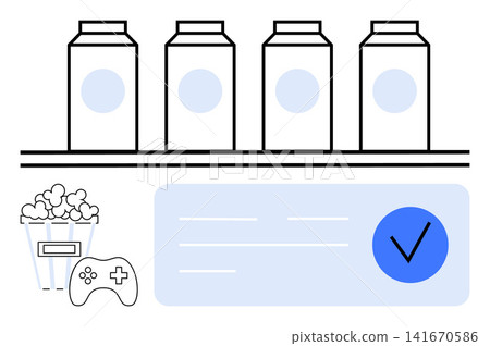 Entertainment, gaming, consumer goods, online ordering, digital services, leisure activities. Row of packages, popcorn gaming controller and checkmark icon. Entertainment and online ordering theme Entertainment, gaming, consumer goods, online ordering, digital services, leisure activities. Row of packages, popcorn gaming controller and checkmark icon. Entertainment and online ordering theme 141670586