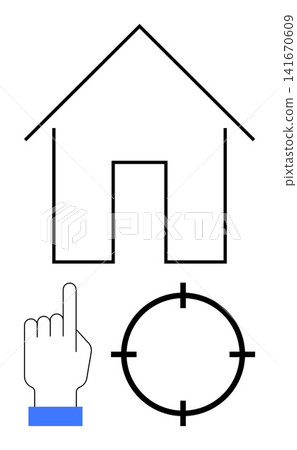 Navigation, technology, home automation, targeting, user interface, interaction. Outline of a house, hand pointing and a target icon. Navigation and technology concepts for interface design Navigation, technology, home automation, targeting, user interface, interaction. Outline of a house, hand pointing and a target icon. Navigation and technology concepts for interface design 141670609