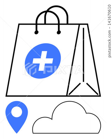 E-commerce, delivery logistics, health services, medical supplies, cloud storage, online shopping. Blue medical icon on a bag with a location pin and a cloud. E-commerce and delivery logistics 141670610