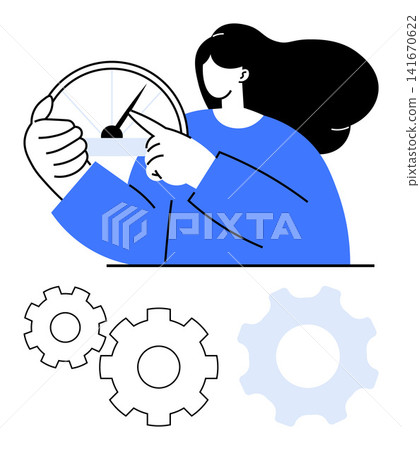 Business growth, productivity analysis, machine operation, process optimization, efficiency assessment, systems thinking. Woman holding a speedometer with mechanical gears below. Business growth Business growth, productivity analysis, machine operation, process optimization, efficiency assessment, systems thinking. Woman holding a speedometer with mechanical gears below. Business growth 141670622