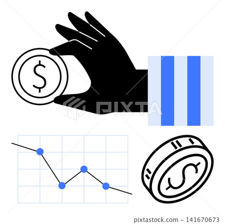 Finance, market trends, investing, economy, statistics, monetary analysis. Hand holding a coin, declining graph dollar coin. Finance and market trends visualization for charts and reports Finance, market trends, investing, economy, statistics, monetary analysis. Hand holding a coin, declining graph dollar coin. Finance and market trends visualization for charts and reports 141670673