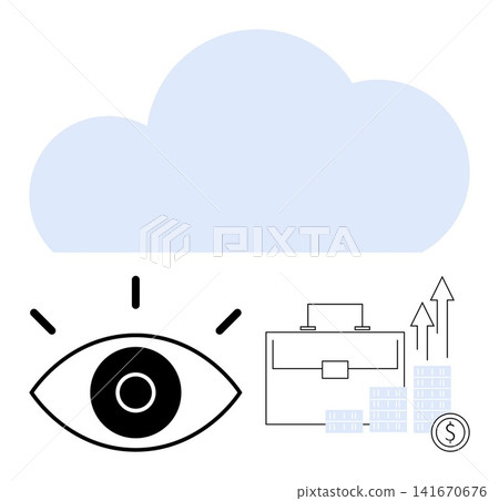 Cloud computing, data security, business strategy, financial growth, storage solutions, technology innovation. Large cloud above an eye, suitcase stacked coins and upward arrows. Cloud computing Cloud computing, data security, business strategy, financial growth, storage solutions, technology innovation. Large cloud above an eye, suitcase stacked coins and upward arrows. Cloud computing 141670676