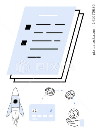 Financial planning, business growth, investment strategies, startups, digital payments, graphic design. A document, rocket coins card and hand design. Financial planning and business growth Financial planning, business growth, investment strategies, startups, digital payments, graphic design. A document, rocket coins card and hand design. Financial planning and business growth 141670686