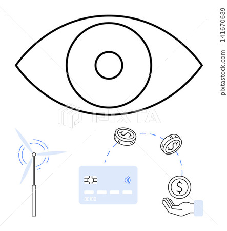 Renewable energy, digital payments, sustainable finance, savings, modern economy, future technology. ion of an eye, wind turbine credit card coins and a hand. Renewable energy and digital payments 141670689
