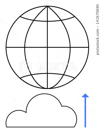 Cloud computing, global connectivity, online storage, data transfer, internet services, technology. Globe with gridlines above a cloud and an upward arrow. Cloud computing and data transfer concept Cloud computing, global connectivity, online storage, data transfer, internet services, technology. Globe with gridlines above a cloud and an upward arrow. Cloud computing and data transfer concept 141670690