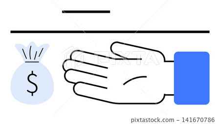Business finance, payment systems, money exchange, e-commerce, economic support, digital banking. A hand reaching for a money bag with a dollar symbol. Payment systems and business finance concept Business finance, payment systems, money exchange, e-commerce, economic support, digital banking. A hand reaching for a money bag with a dollar symbol. Payment systems and business finance concept 141670786