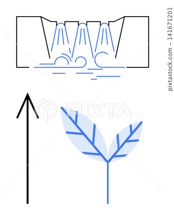 Sustainability, water management, eco-friendly growth, renewable energy, agriculture, innovation. Arrow pointing upward, water recycling and a leaf. Sustainability and water management concept Sustainability, water management, eco-friendly growth, renewable energy, agriculture, innovation. Arrow pointing upward, water recycling and a leaf. Sustainability and water management concept 141671201