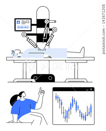 Healthcare, technology, robotics in medicine, data analysis, surgical innovation, automation. Robotic system performing surgery, healthcare data and chart visible. Robotics in medicine and data 141671208
