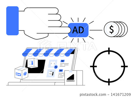 Advertising, e-commerce, customer targeting, monetization, online sales, marketing strategy. A hand pressing an ad button, coins a storefront graphic and a target symbol. Advertising and e-commerce Advertising, e-commerce, customer targeting, monetization, online sales, marketing strategy. A hand pressing an ad button, coins a storefront graphic and a target symbol. Advertising and e-commerce 141671209