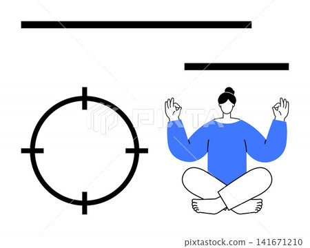Mindfulness, focus, meditation, personal growth, calmness, balance. A person meditating in a zen pose beside a target symbol. Meditation and focus mindfulness and personal growth 141671210