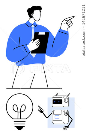 Innovation, teamwork, artificial intelligence, business strategies, idea generation, futuristic planning. Businessman holding a clipboard, robot gesturing and lightbulb icon. Innovation and teamwork Innovation, teamwork, artificial intelligence, business strategies, idea generation, futuristic planning. Businessman holding a clipboard, robot gesturing and lightbulb icon. Innovation and teamwork 141671211