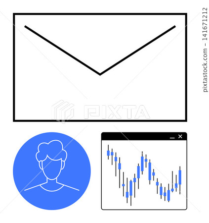 Email communication, data analysis, user interface design, stock market trends, online networking, team collaboration. Minimalist email icon, user profile and stock trading chart. Email Email communication, data analysis, user interface design, stock market trends, online networking, team collaboration. Minimalist email icon, user profile and stock trading chart. Email 141671212