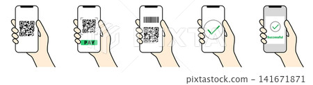 A set of illustrations showing how to make payments using smartphones and scan QR codes. A set of illustrations showing how to make payments using smartphones and scan QR codes. 141671871