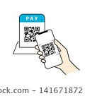 A payment scene where a customer scans a QR code stand in a store with their smartphone. 141671872