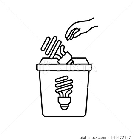 Clean line art icon showing a hand placing a compact fluorescent light bulb (CFL) into a specialized lightbulb recycling bin. Clean line art icon showing a hand placing a compact fluorescent light bulb (CFL) into a specialized lightbulb recycling bin. 141672167