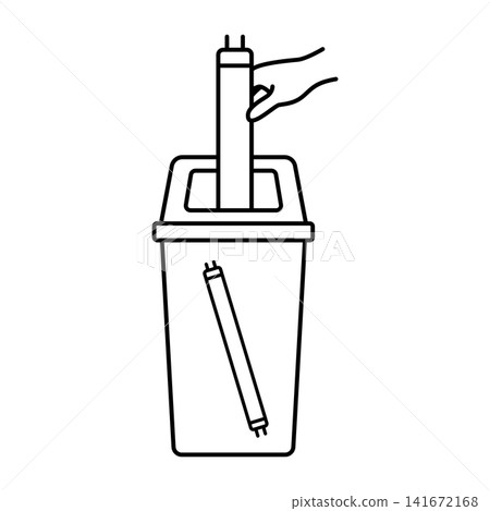 Minimalist line art icon showing a hand carefully dropping a long fluorescent tube light into a specialized tall disposal bin. Minimalist line art icon showing a hand carefully dropping a long fluorescent tube light into a specialized tall disposal bin. 141672168