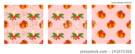 Vector colourful christmas bg with seamless gift pattern. Box cover for decoration celebration traditional pink present ornaments. Festive candle tree wrapping in trendy red soft wrap. Vector colourful christmas bg with seamless gift pattern. Box cover for decoration celebration traditional pink present ornaments. Festive candle tree wrapping in trendy red soft wrap. 141672308