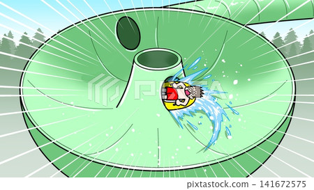 A boy falls into the hole in the center of a green, antlion-shaped water slide. A boy falls into the hole in the center of a green, antlion-shaped water slide. 141672575