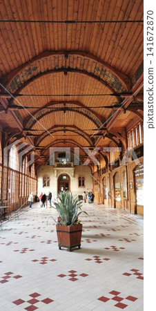 Antique gallery with wooden ceiling and arches Antique gallery with wooden ceiling and arches 141672870