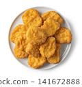 Plate of Chicken Nuggets, French Fries and Tomato Ketchup Isolated on White Background 141672888