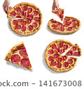 set of pepperoni salami pizzas whole and slices, isolated on white background 141673008