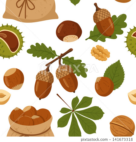 Autumn seamless pattern with acorns chestnuts and hazelnuts on white background Autumn seamless pattern with acorns chestnuts and hazelnuts on white background 141673318