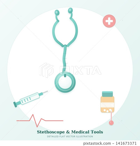 Detailed flat vector illustration of stethoscope and medical tools set on round frame background 141673371