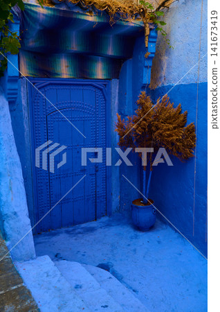 Blue painted door and potted tree in a Moroccan alleyway with textured walls and steps Blue painted door and potted tree in a Moroccan alleyway with textured walls and steps 141673419