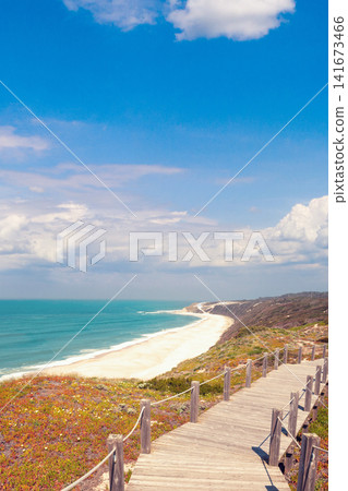 Paredes Panoramic Boardwalk. The beach on the Atlantic Ocean between Polvoeiro and Paredes, Portugal, Europe Paredes Panoramic Boardwalk. The beach on the Atlantic Ocean between Polvoeiro and Paredes, Portugal, Europe 141673466