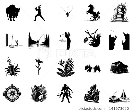 Black silhouette vector icon set showing diverse activities sports wildlife plants and landscape nature elements Black silhouette vector icon set showing diverse activities sports wildlife plants and landscape nature elements 141673630