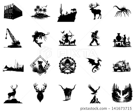 Collection of rugged black vector silhouettes featuring industrial machinery and wild forest landscape scenic nature elements Collection of rugged black vector silhouettes featuring industrial machinery and wild forest landscape scenic nature elements 141673715