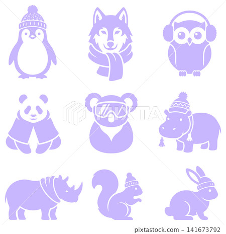 Cute wild animals wearing winter accessories like scarves and hats in simple vector icon style 141673792