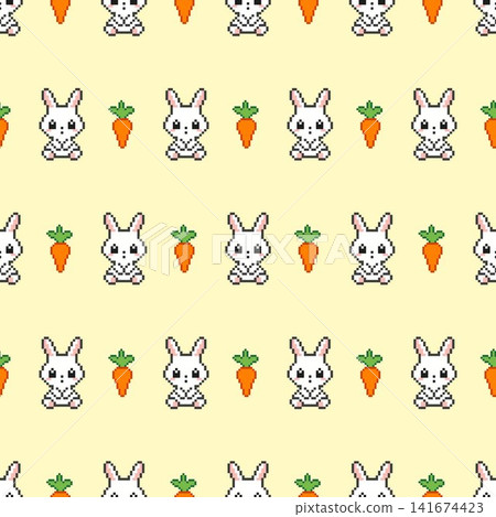 Seamless pixel art bunny and carrot pattern on yellow background. Seamless pixel art bunny and carrot pattern on yellow background. 141674423