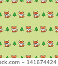 Seamless pixel art fox and pine tree pattern on green background. 141674424