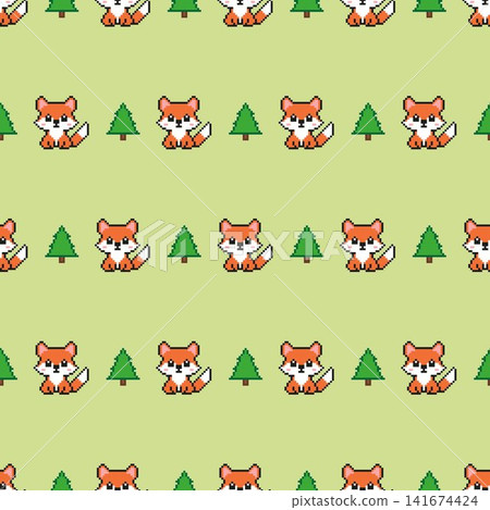 Seamless pixel art fox and pine tree pattern on green background. Seamless pixel art fox and pine tree pattern on green background. 141674424