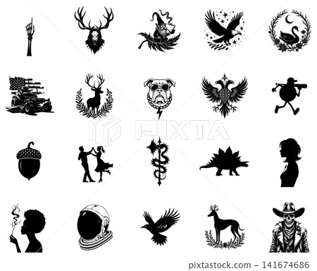 Detailed black silhouette of a majestic stag with large antlers framed by ornate floral leaves Detailed black silhouette of a majestic stag with large antlers framed by ornate floral leaves 141674686