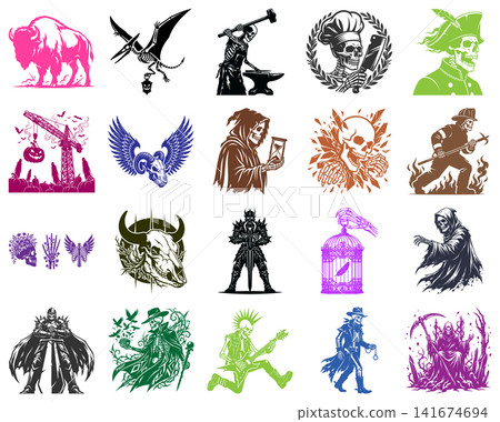 Detailed gothic and fantasy graphic set featuring skeletal figures mythical creatures and dark atmospheric illustrations Detailed gothic and fantasy graphic set featuring skeletal figures mythical creatures and dark atmospheric illustrations 141674694