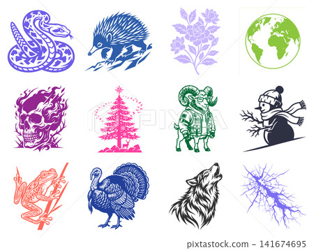 Detailed graphic illustration of a howling wolf with sharp fur features in a bold style 141674695