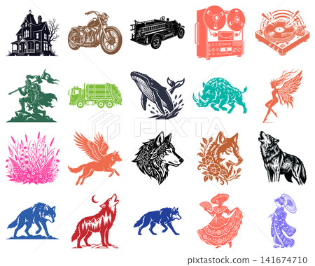 Diverse collection of vintage style icons showing classic vehicles wild animals and mysterious forest figures Diverse collection of vintage style icons showing classic vehicles wild animals and mysterious forest figures 141674710