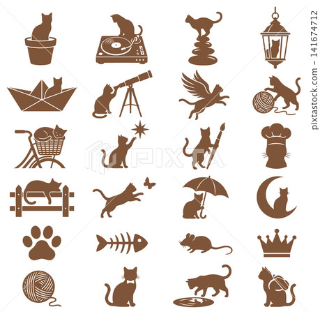 Diverse set of lifestyle cat vector icons showing various daily activities and cute household feline behaviors Diverse set of lifestyle cat vector icons showing various daily activities and cute household feline behaviors 141674712