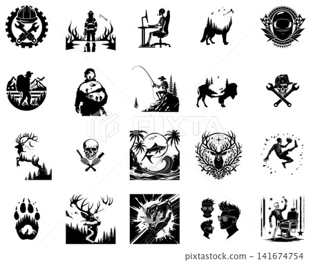 Graphic silhouette of a fire fighter standing in flames for badge or emblem design project 141674754