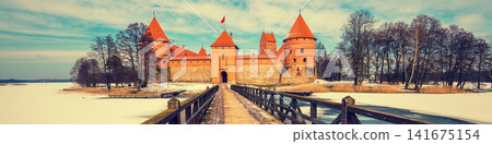 Path to ancient Trakai castle in winter, Lithuania. Path to ancient Trakai castle in winter, Lithuania. 141675154