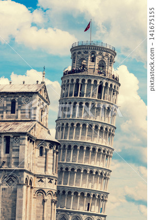 The Leaning Tower against blue cloudy sky, Pisa, Italy, Europe 141675155