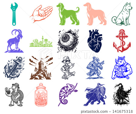 Selection of stylized vector objects including tools and animals for graphic design and creative projects Selection of stylized vector objects including tools and animals for graphic design and creative projects 141675318